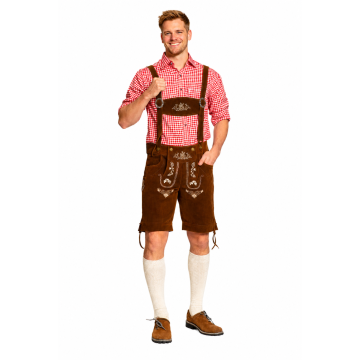 Lederhose Steinbock Kort Donkerbruin + Trachtenhemd Rood