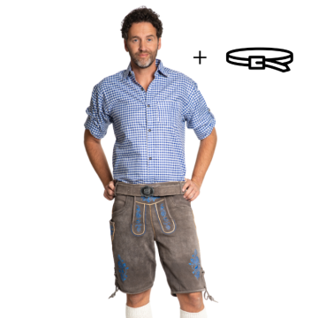 Lederhose Gaudi Bruin/Blauw met Riem (Rundleer)