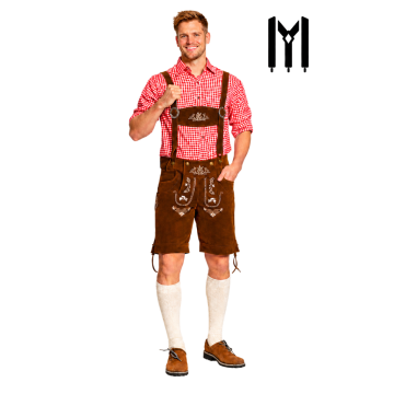 Lederhose Steinbock Kort Donkerbruin + Trachtenhemd Rood