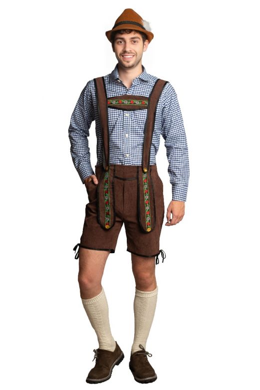 Lederhose Donkerbruin Kort + Blouse Blauw 